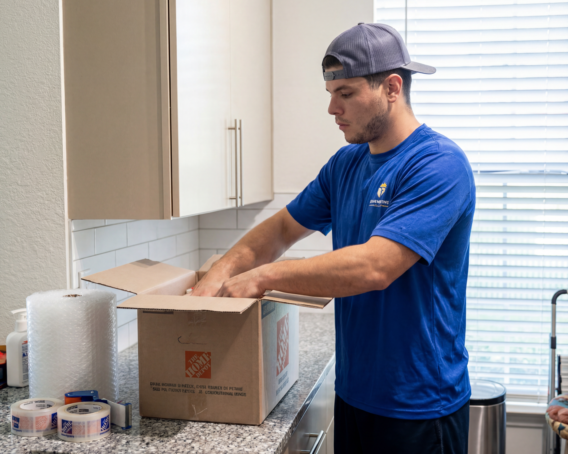 Man in blue shirt packing a cardboard box on a kitchen counter.