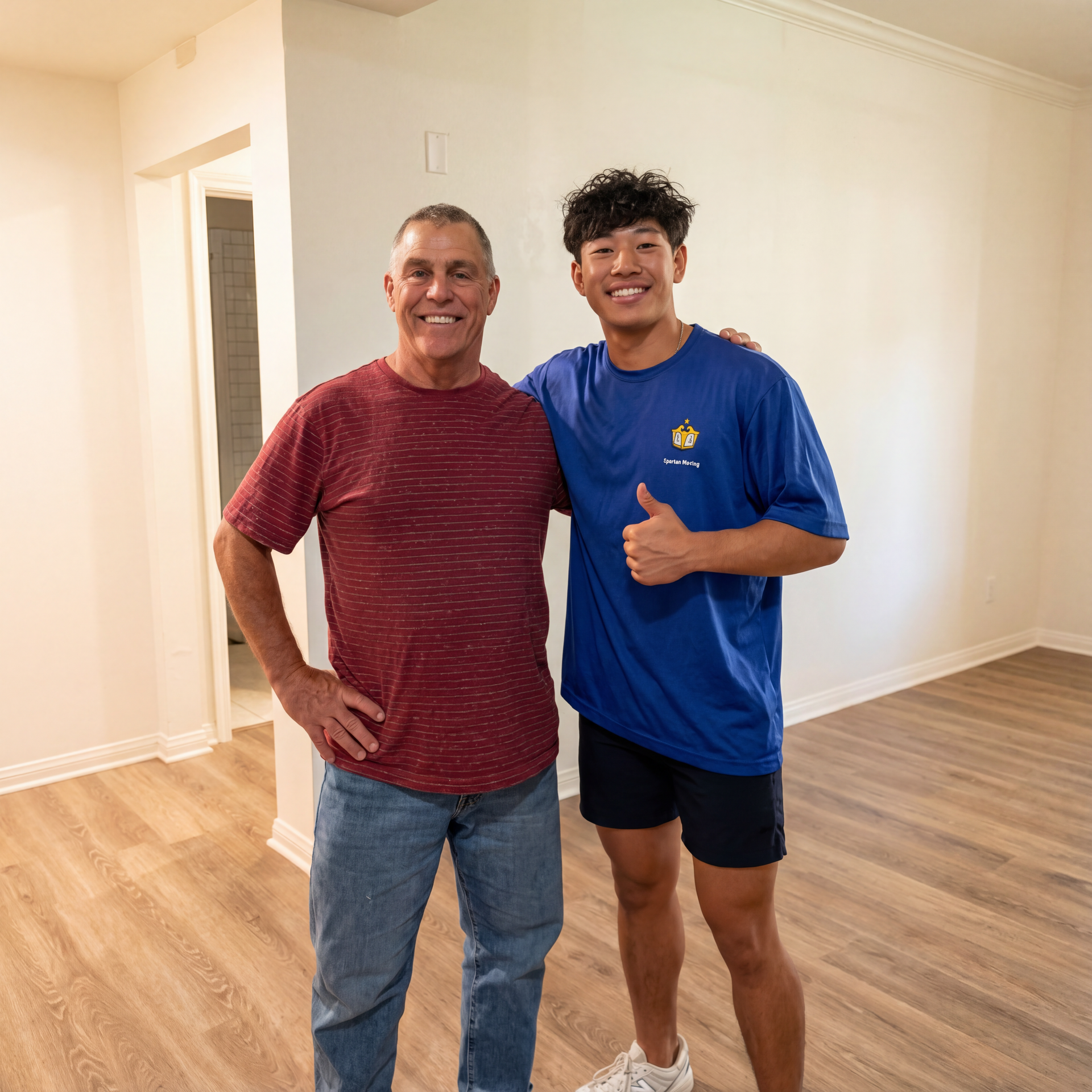 Two people smiling and posing together in an empty room with hardwood floors.