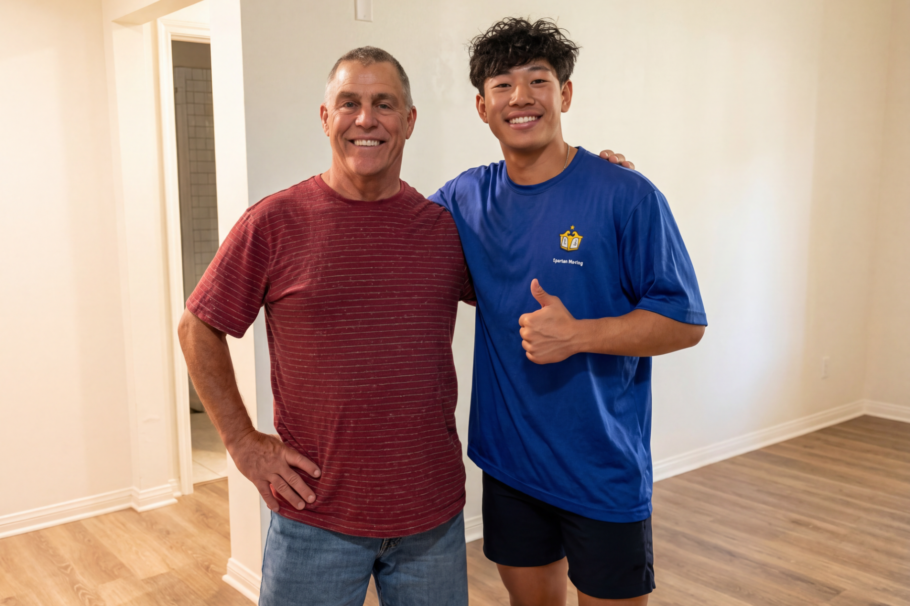 Two smiling men standing indoors, one in a red shirt and one in a blue shirt, giving a thumbs-up.