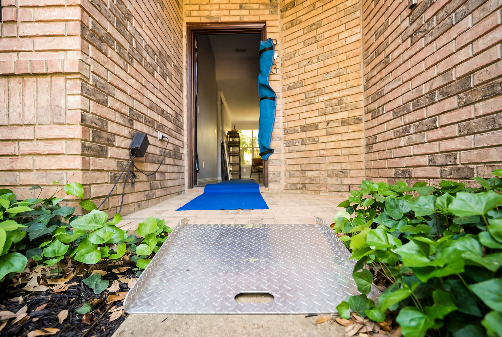 Brick entrance with blue ramp leading into a doorway, flanked by green plants