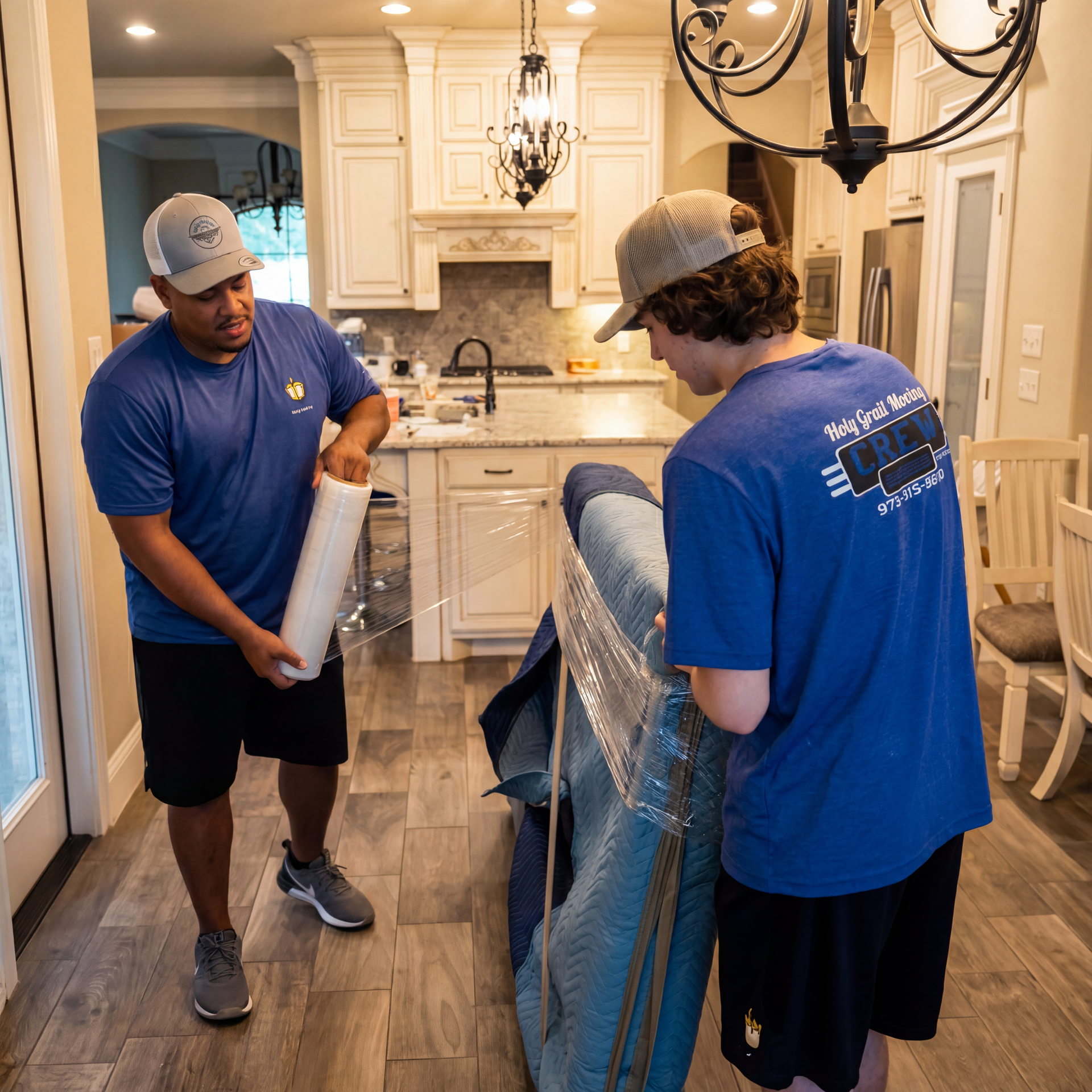 Two movers in blue shirts carrying wrapped furniture through a kitchen with white cabinets and wood floors