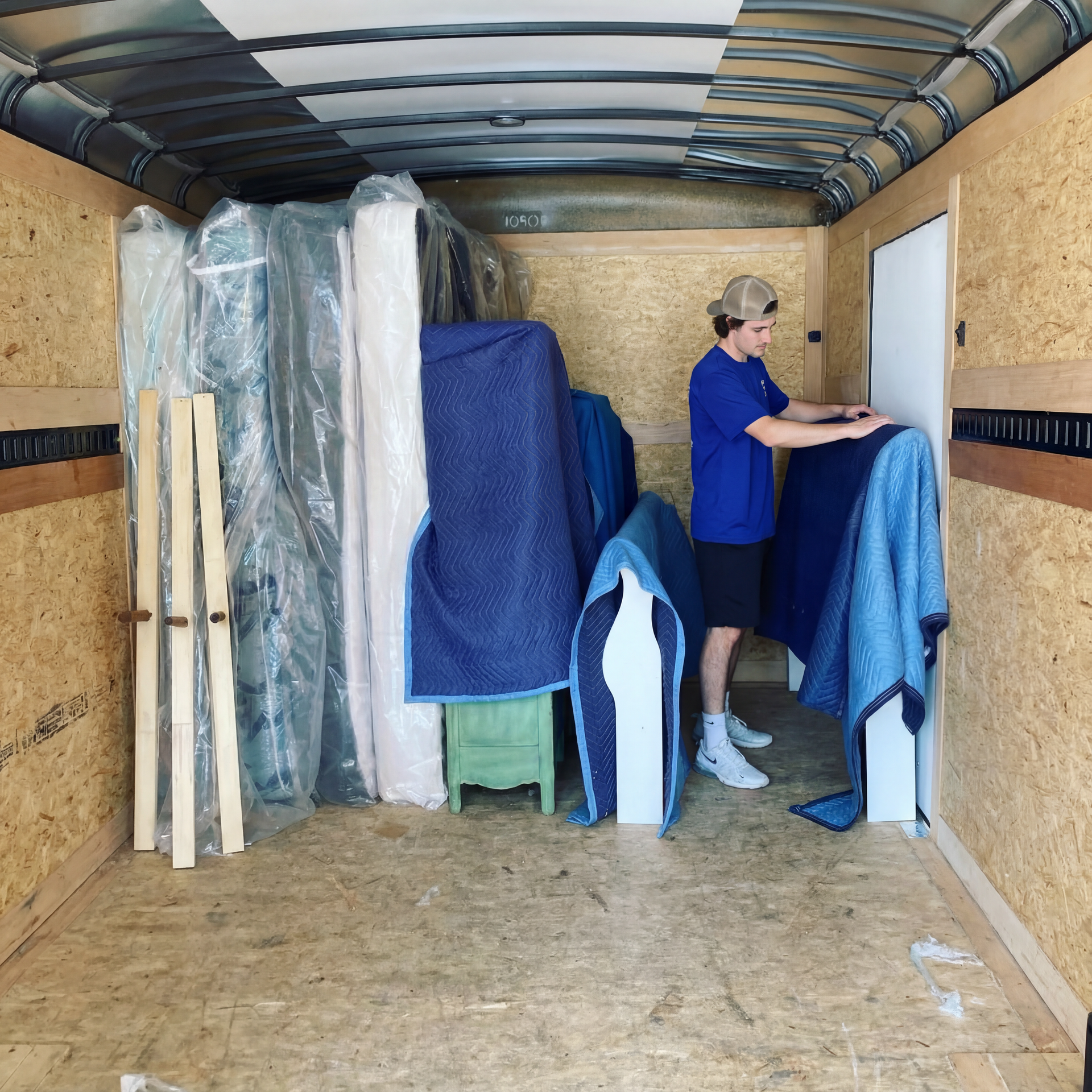 Person arranging blue blankets inside a cargo trailer filled with furniture and wrapped items