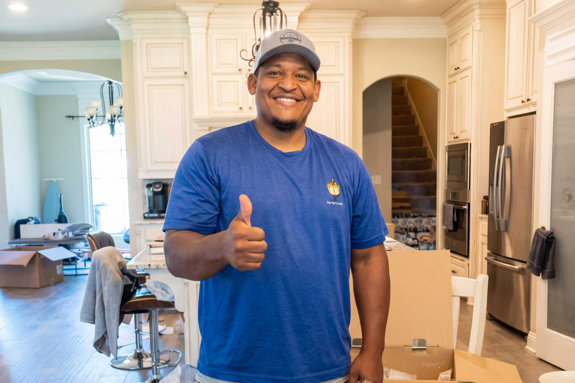 Smiling man in blue shirt and cap giving a thumbs-up in a kitchen under renovation