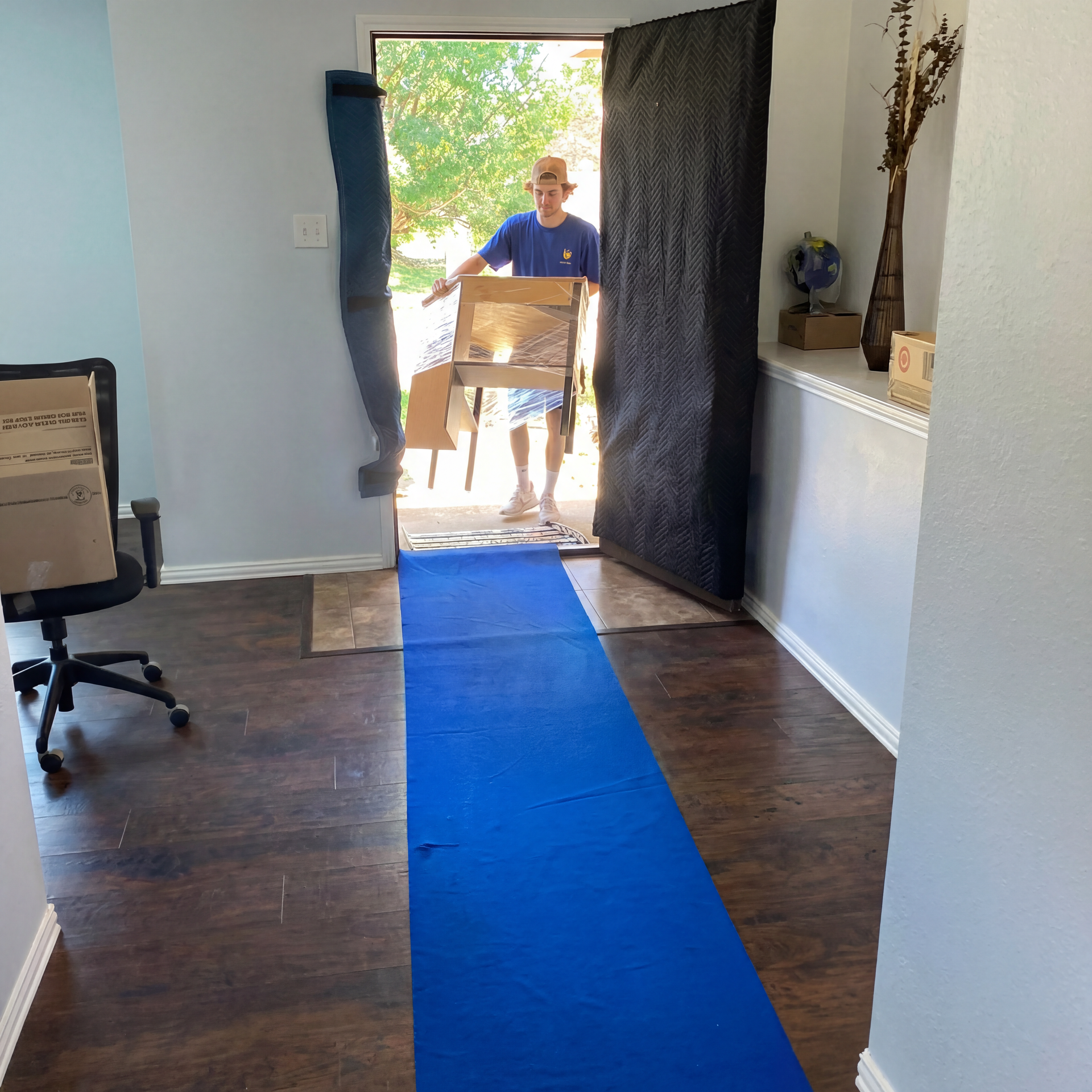 Person carrying a cardboard box through an open doorway with a blue runner on the floor