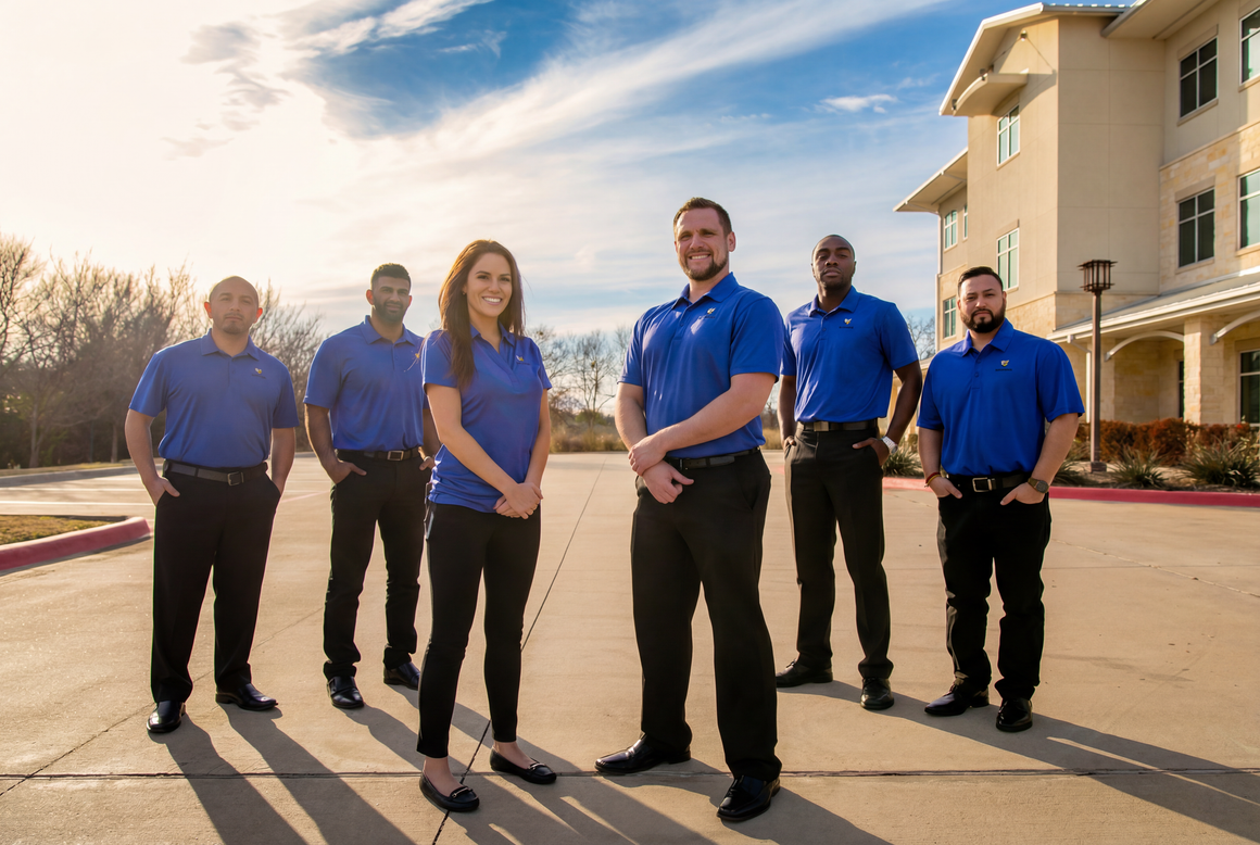 Five staff members in blue shirts standing outside a building in the sunlight