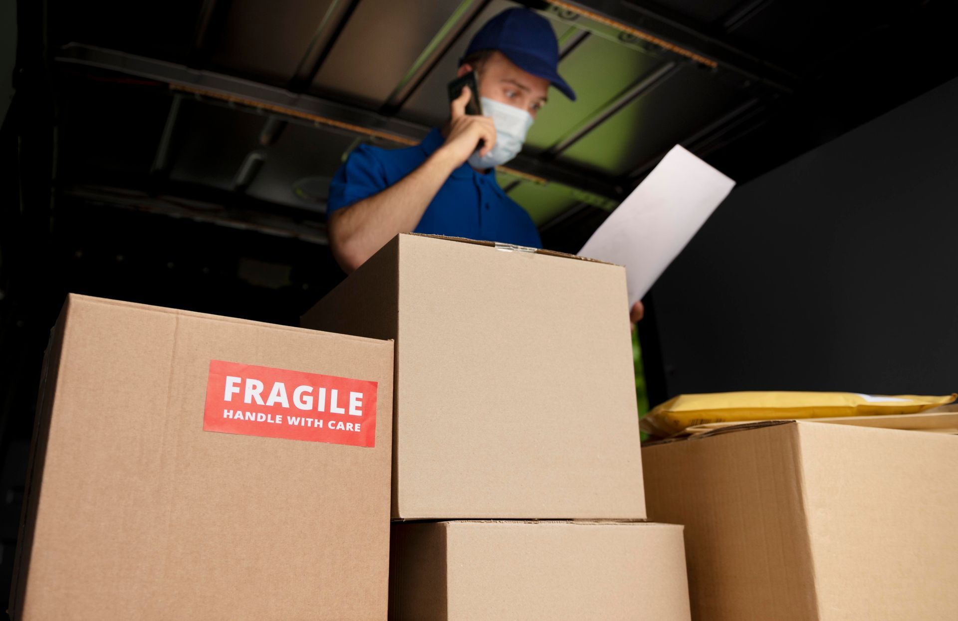 Masked delivery worker loading cardboard boxes, one labeled fragile, in a warehouse or truck interior
