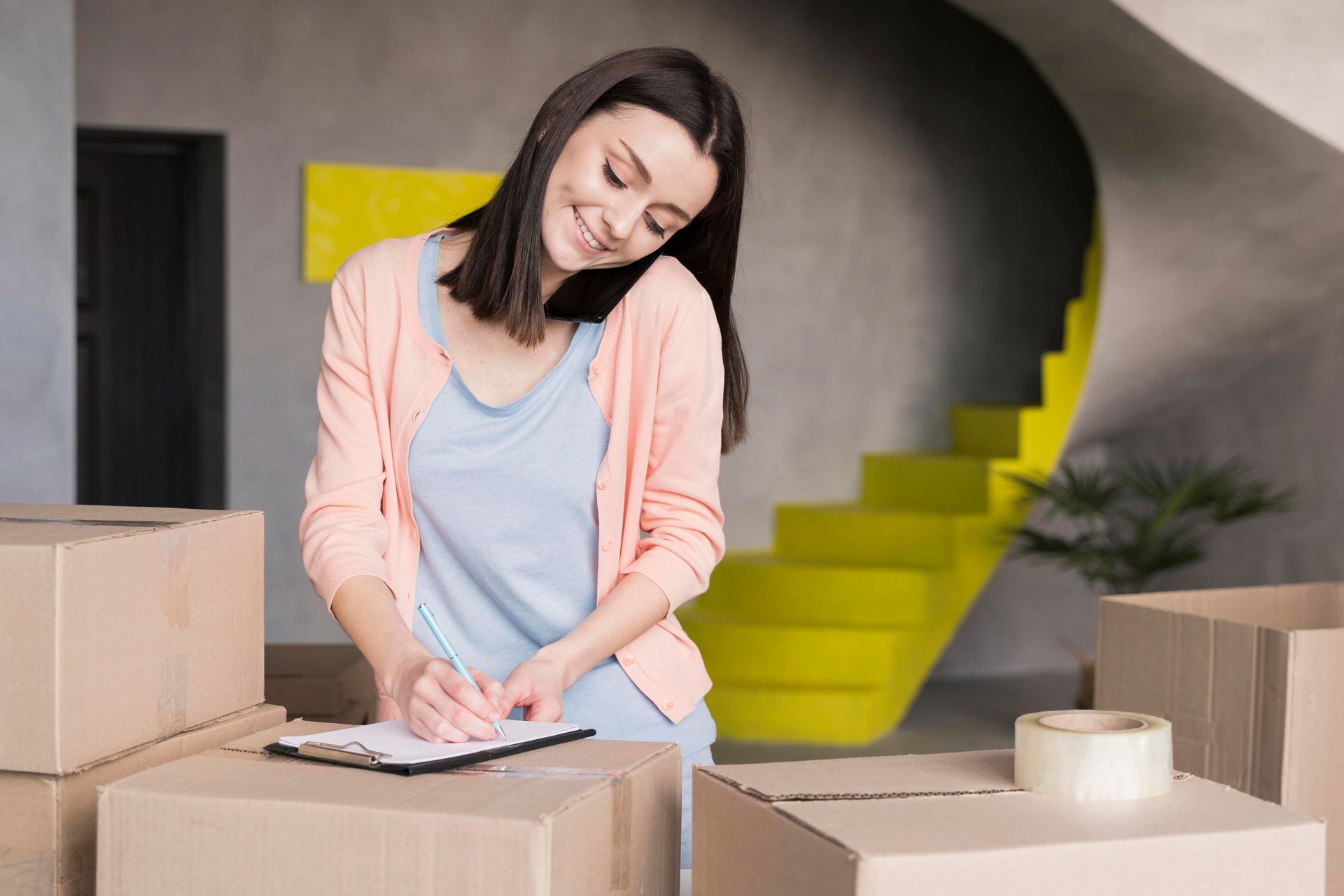 Woman packing boxes and writing on a clipboard in a room with a yellow staircase.