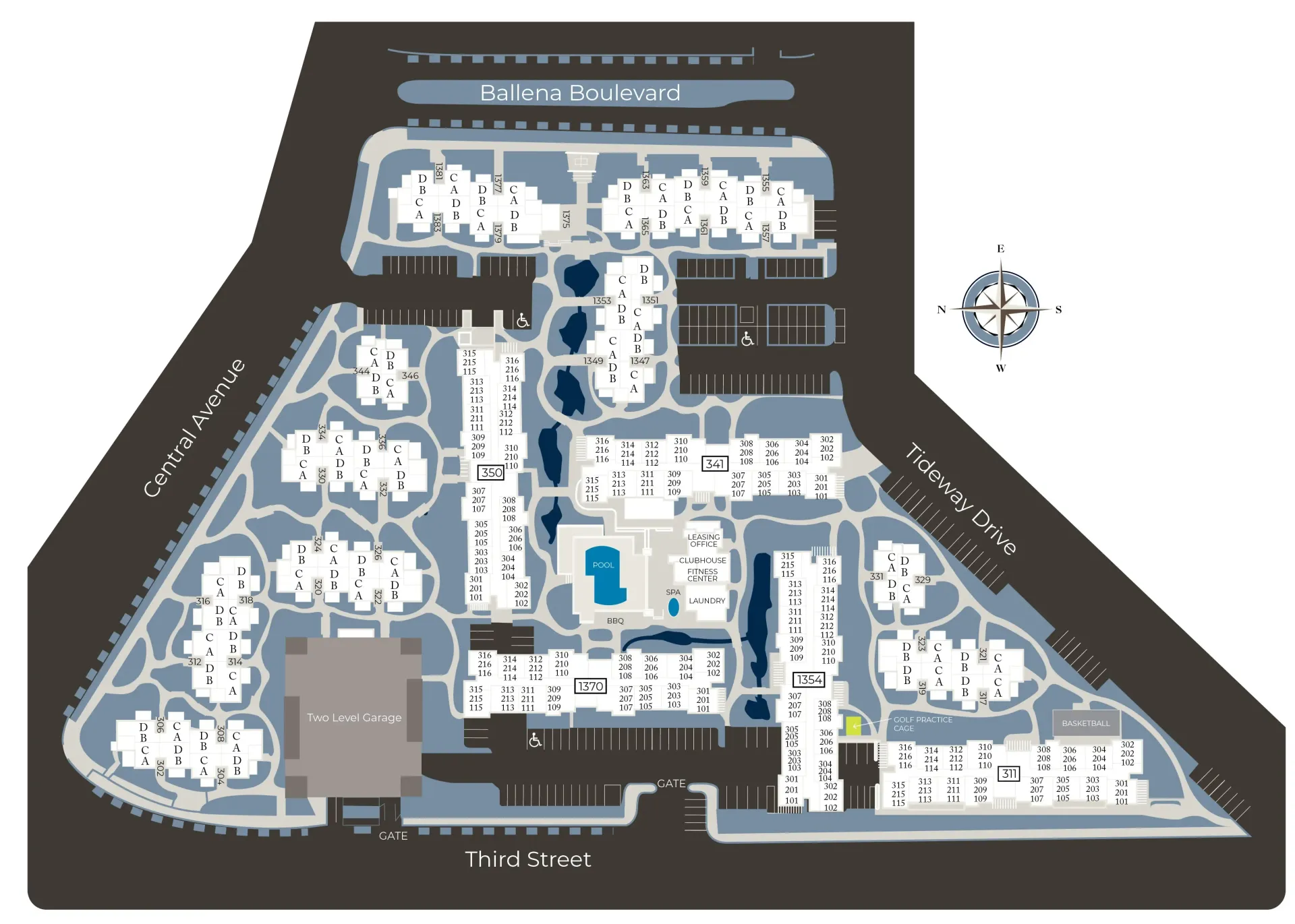 A site map of a facility with white buildings and blue interior highlights on a dark background
