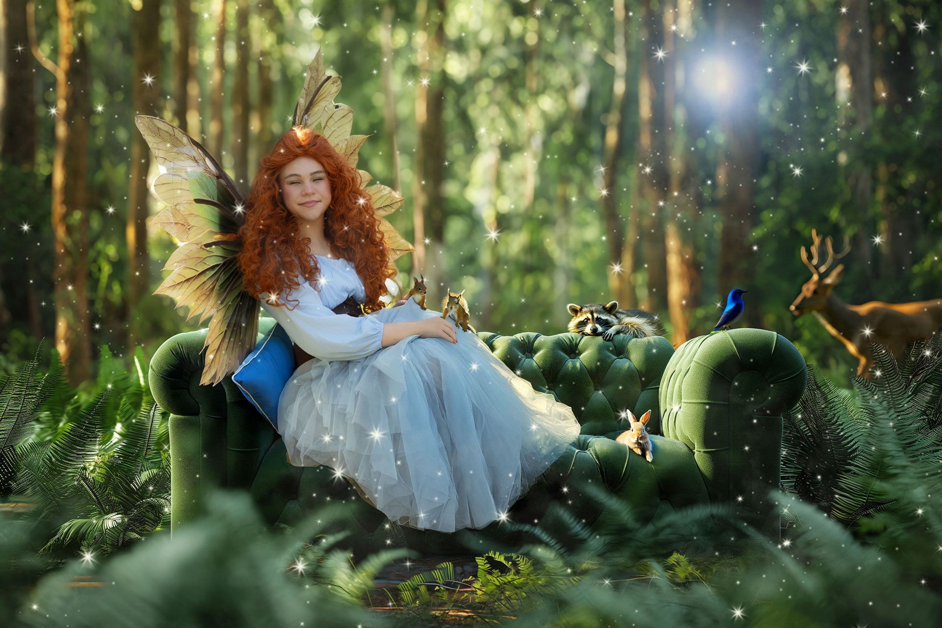 Fairy with red hair and large wings sits on green velvet couch in a forest, surrounded by animals.