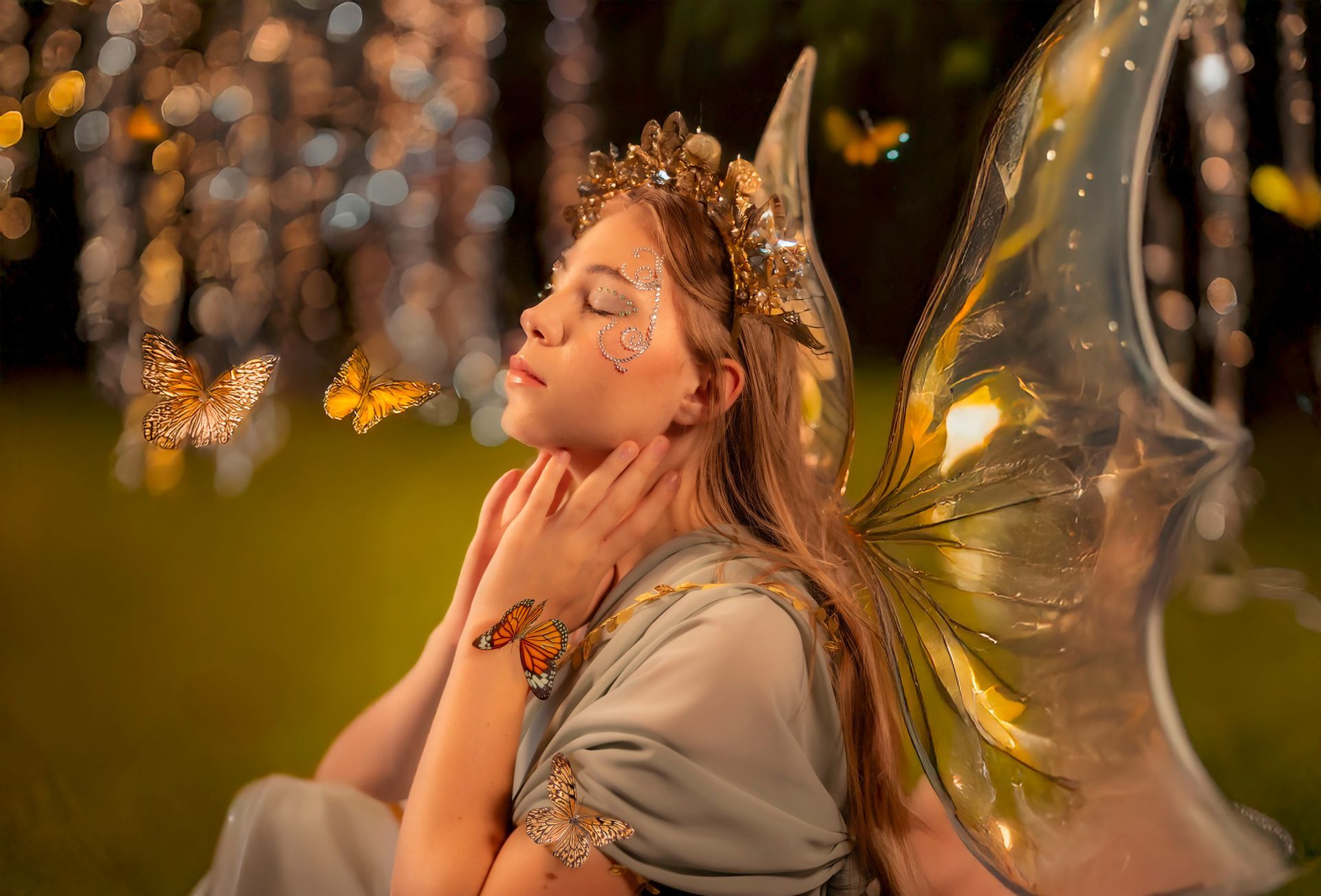 A woman dressed as a fairy is sitting on the grass with her eyes closed and butterflies flying around her.