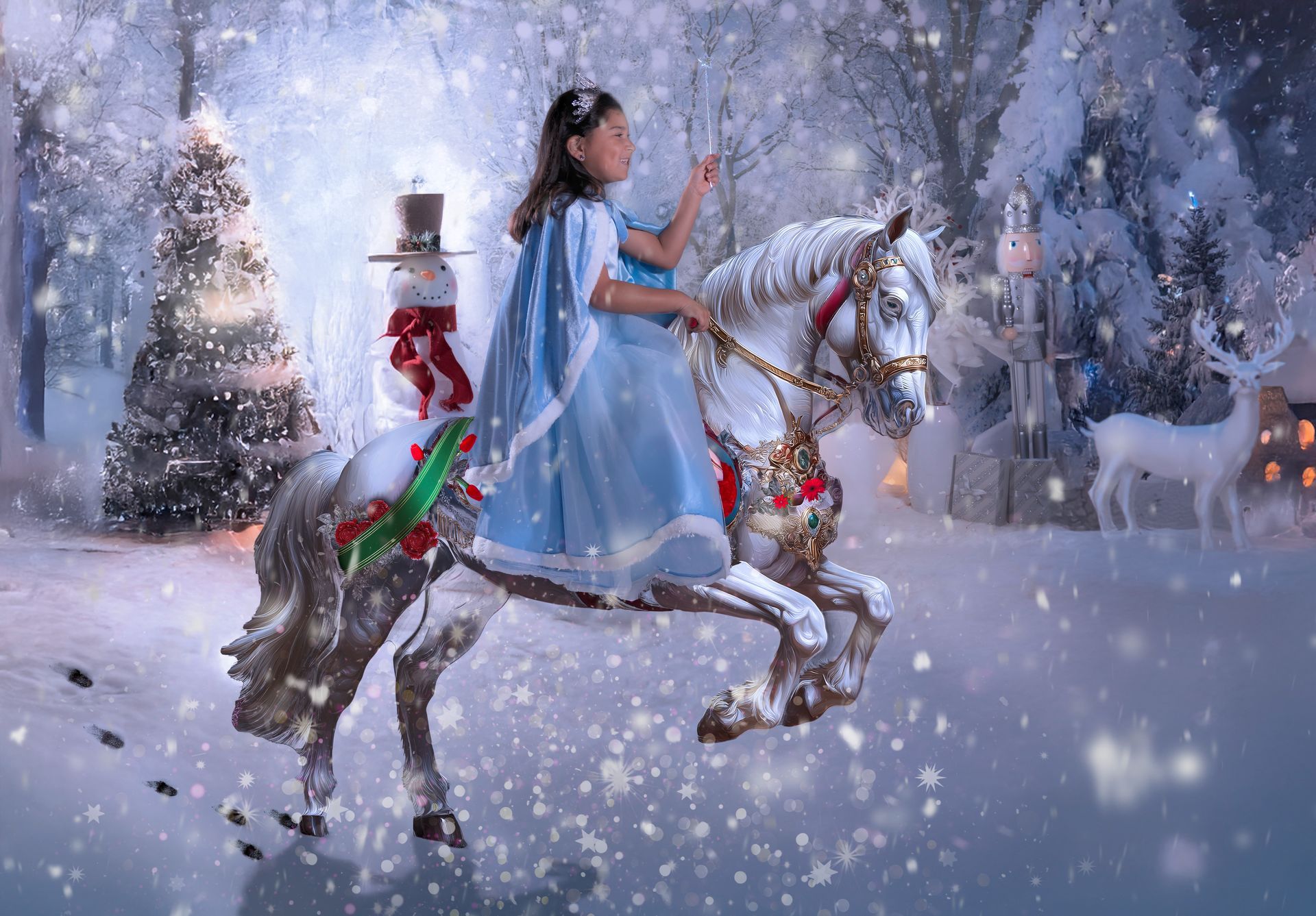 Young person in blue riding a decorated silver horse in a snowy winter wonderland.
