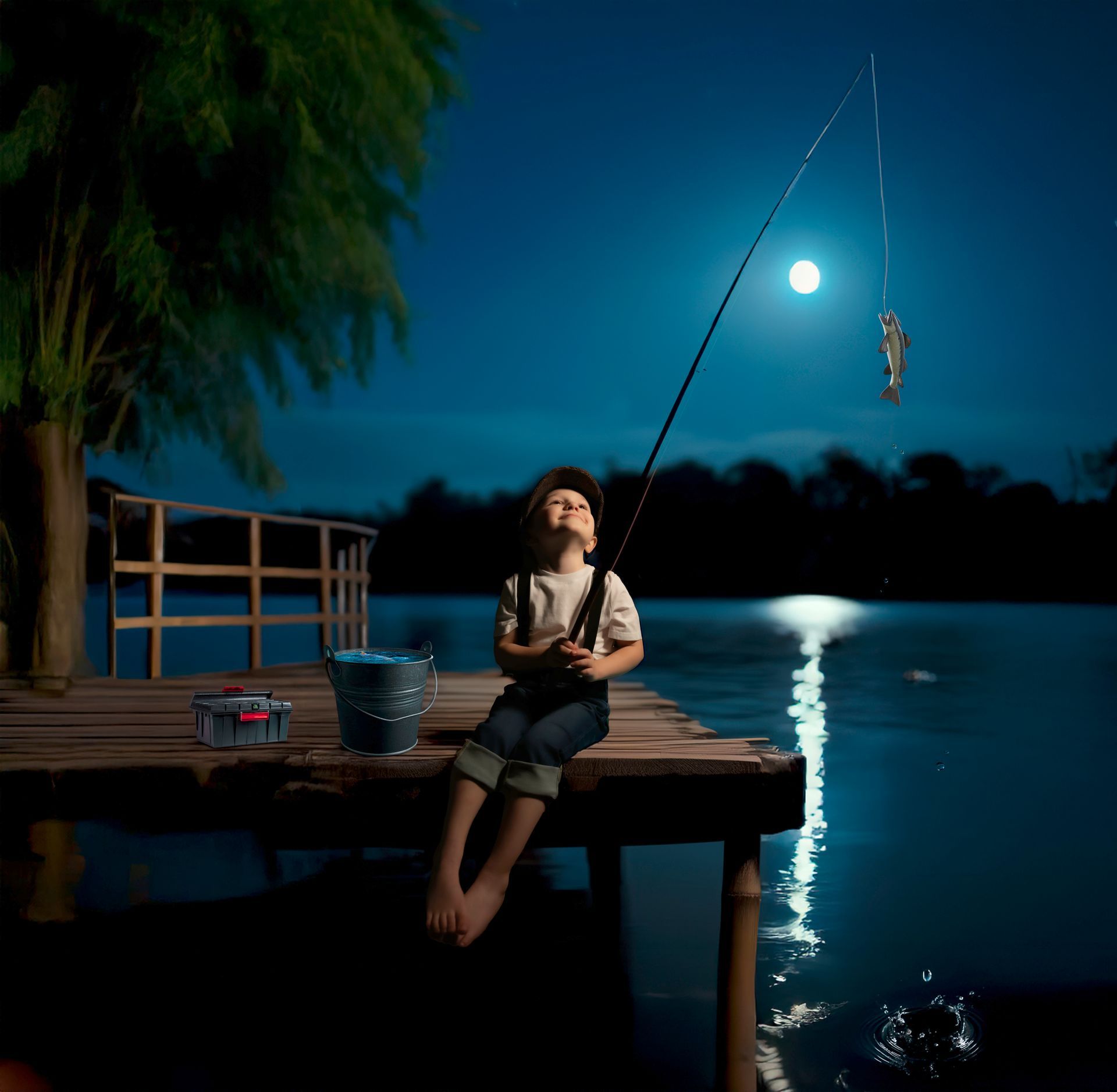 A young boy is sitting on a dock fishing at night