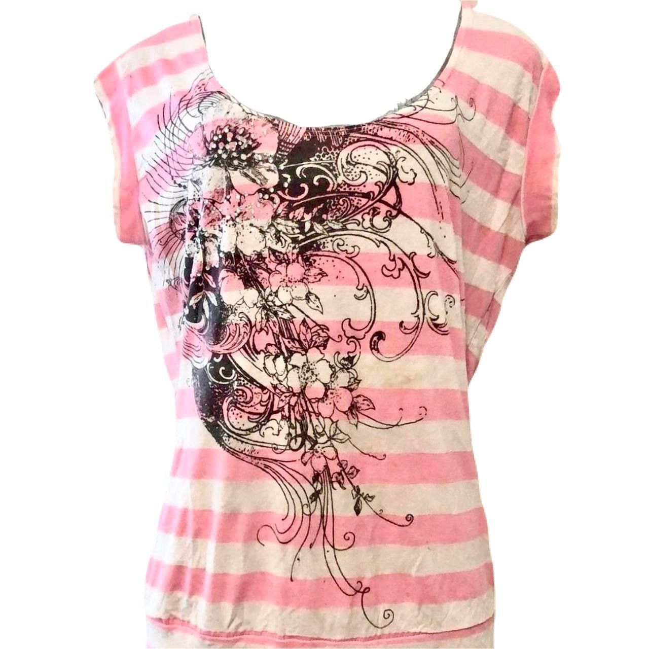 Pink and White Striped Blouse Top with Floral Graphic and