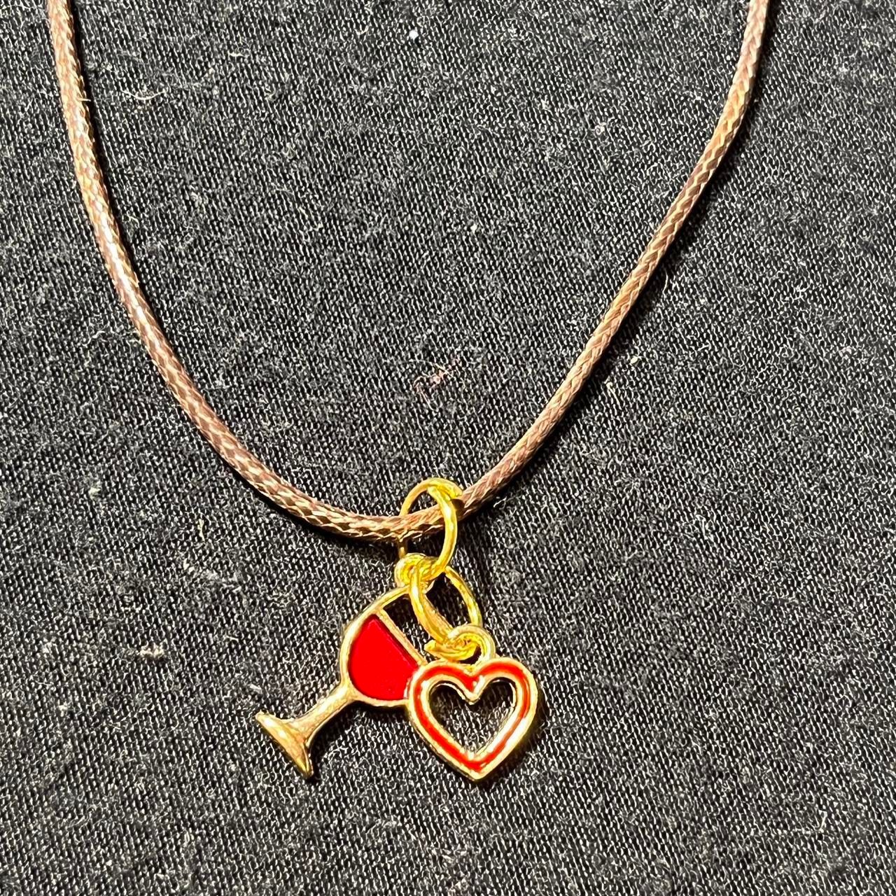 Cute Red Wine Glass and Gold Heart Charm Necklace