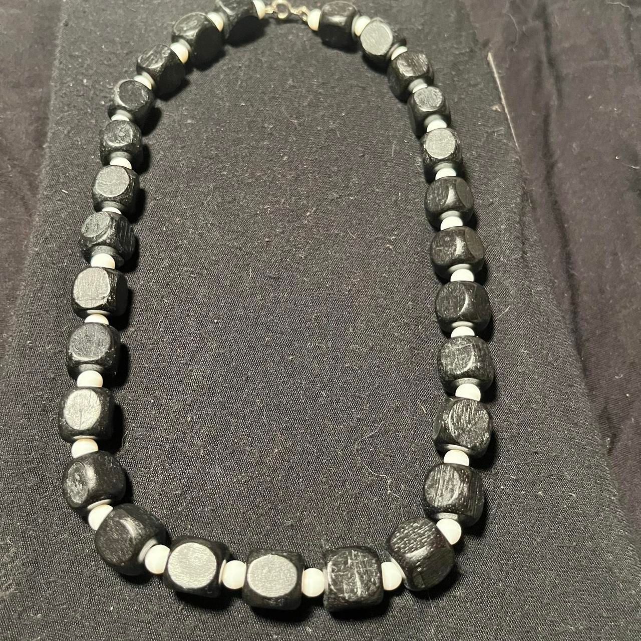 Cute Black Colored Wood Block Beads and White Beaded Necklace