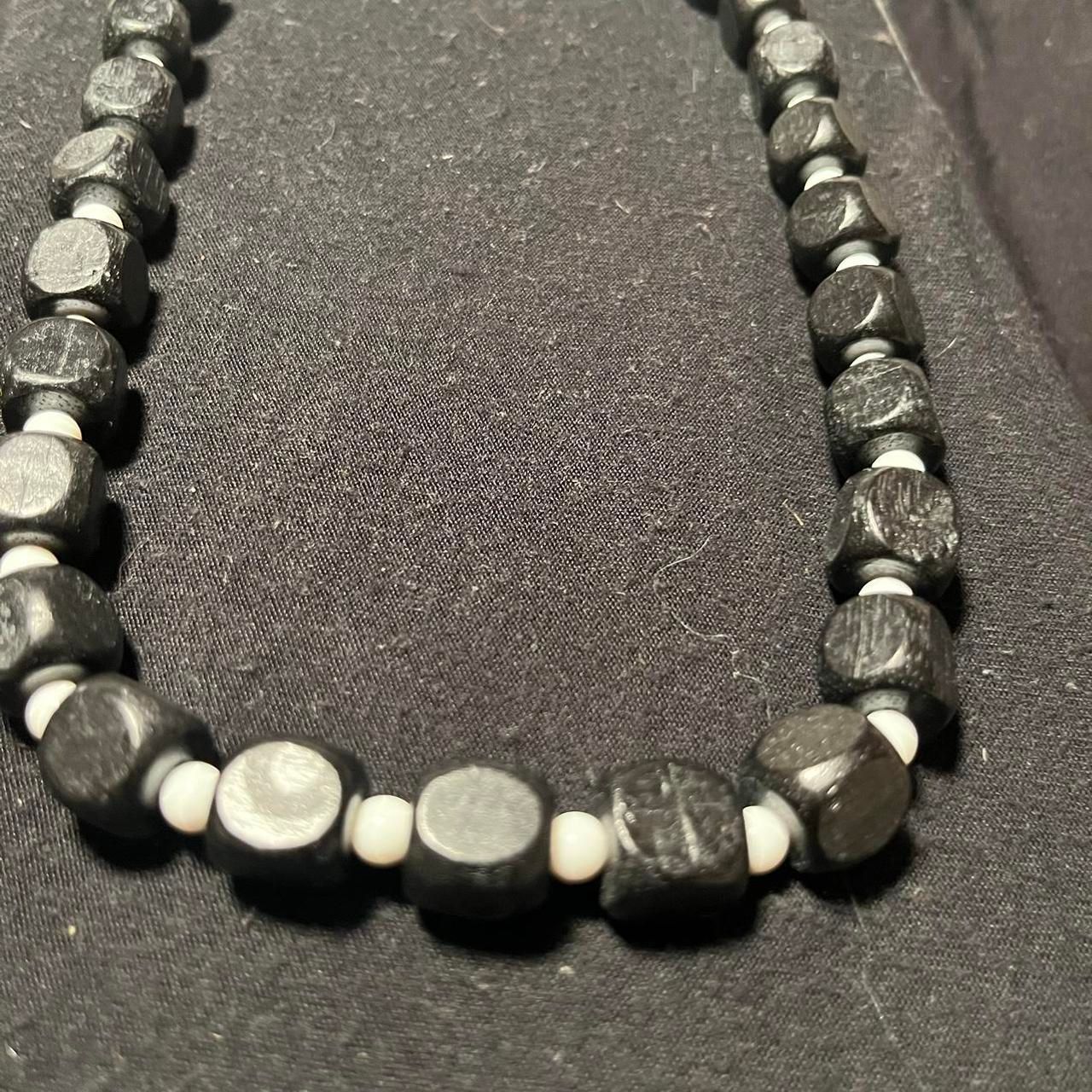 Cute Black Colored Wood Block Beads and White Beaded Necklace