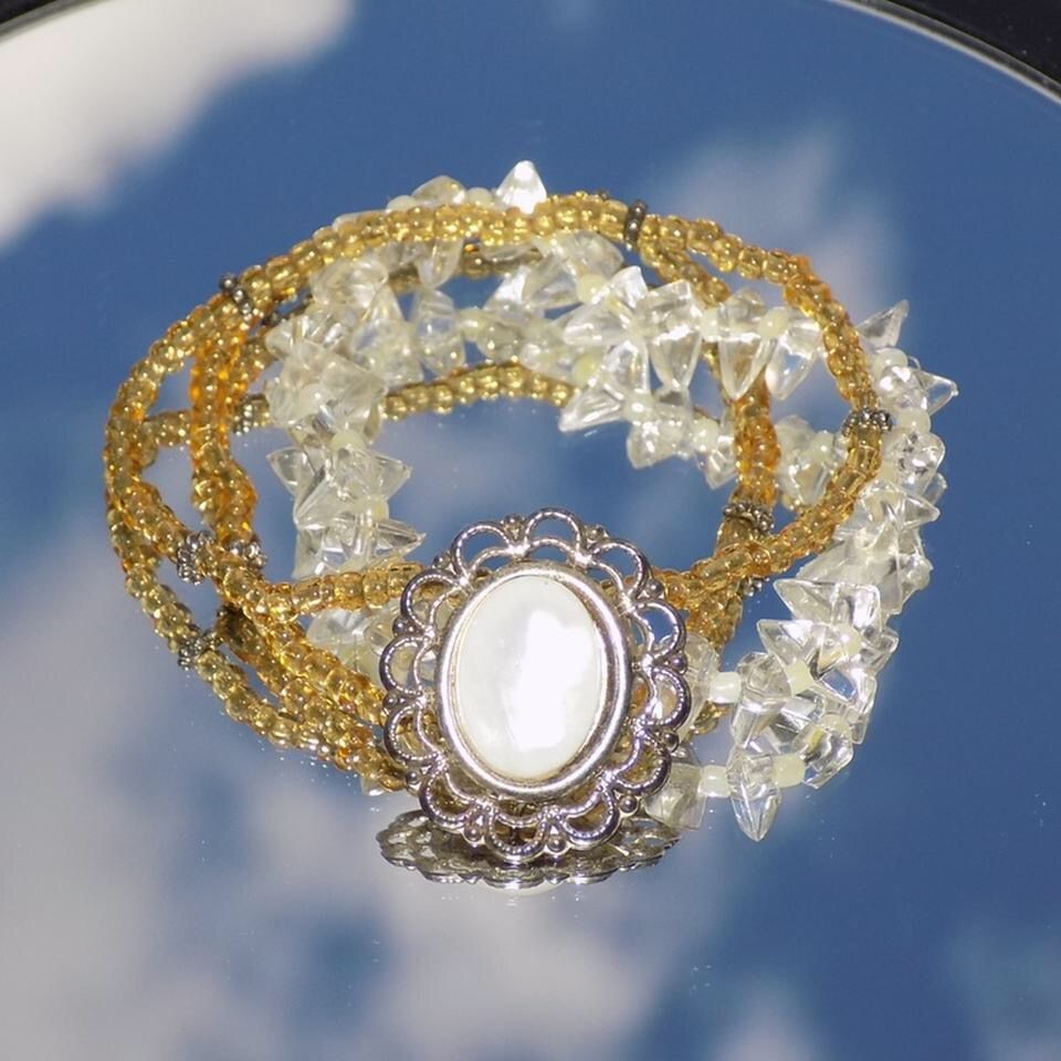 Beaded Layered Clear and Tan Bracelet with White Pendant