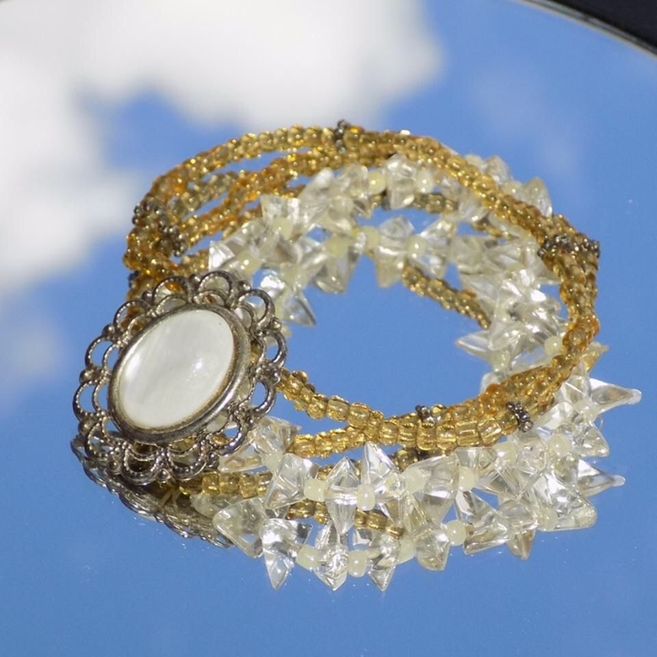 Beaded Layered Clear and Tan Bracelet with White Pendant