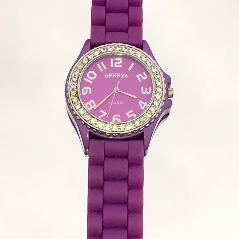 Purple Geneva Quartz Silicone Silver Rhinestone Studded Watch