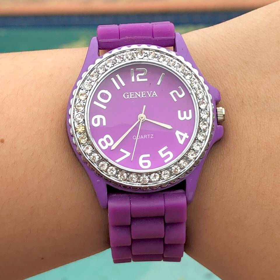 Purple Geneva Quartz Silicone Silver Rhinestone Studded Watch
