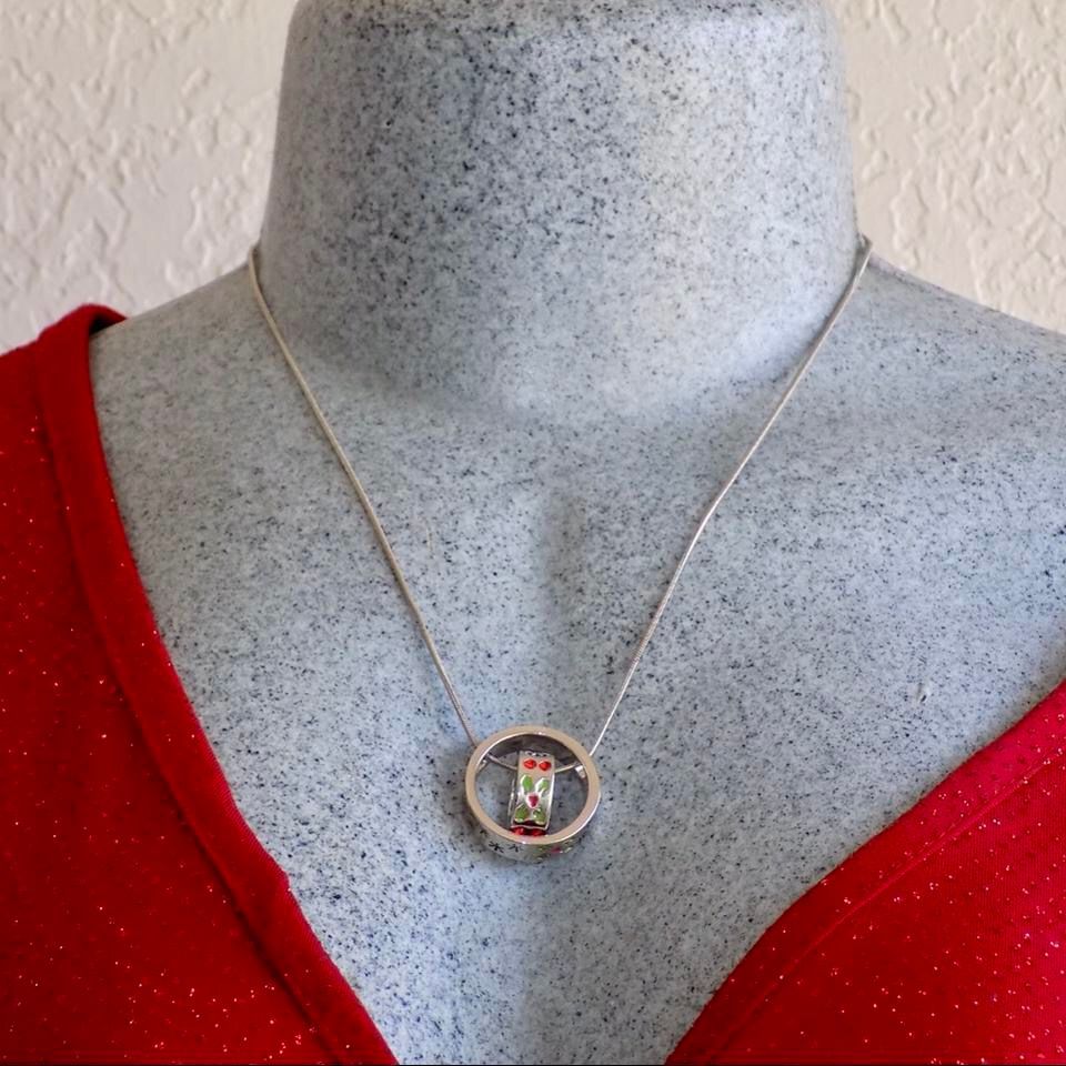 Cute Red and Green Studded Snowflake Designed Circle Silver Christmas Necklace