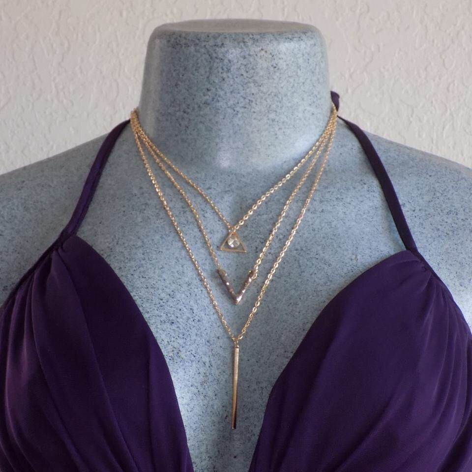 Cute Minimal Gold Layered Triangle, V, I Chain Necklace