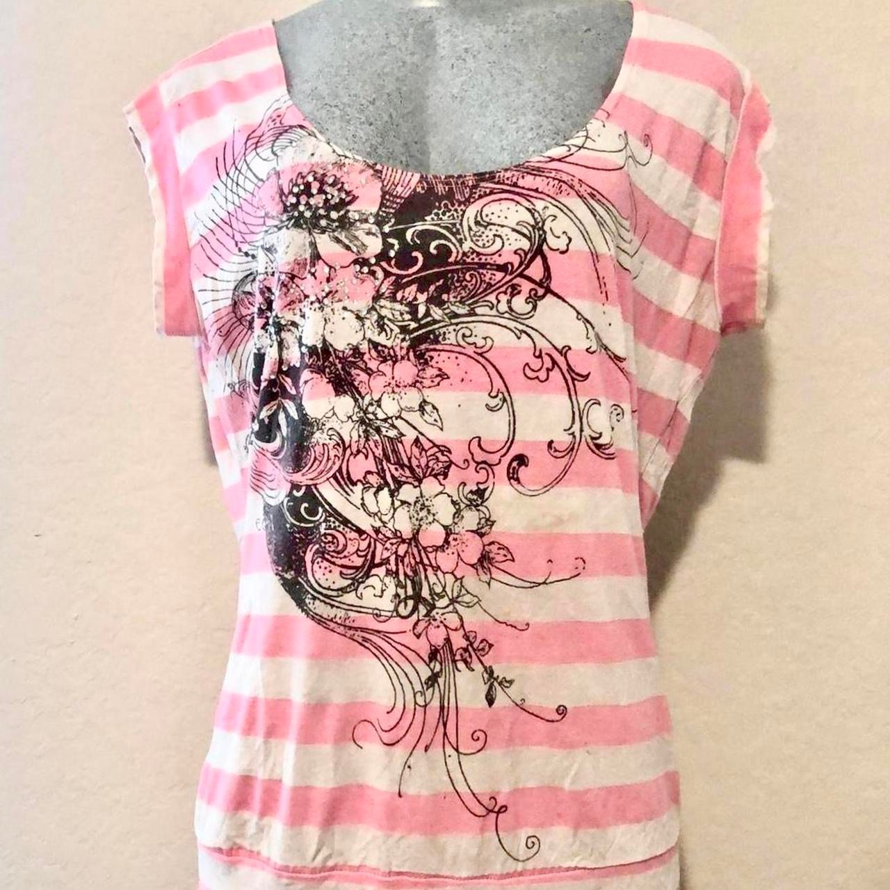 Pink and White Striped Blouse Top with Floral Graphic and Studded Accent Design