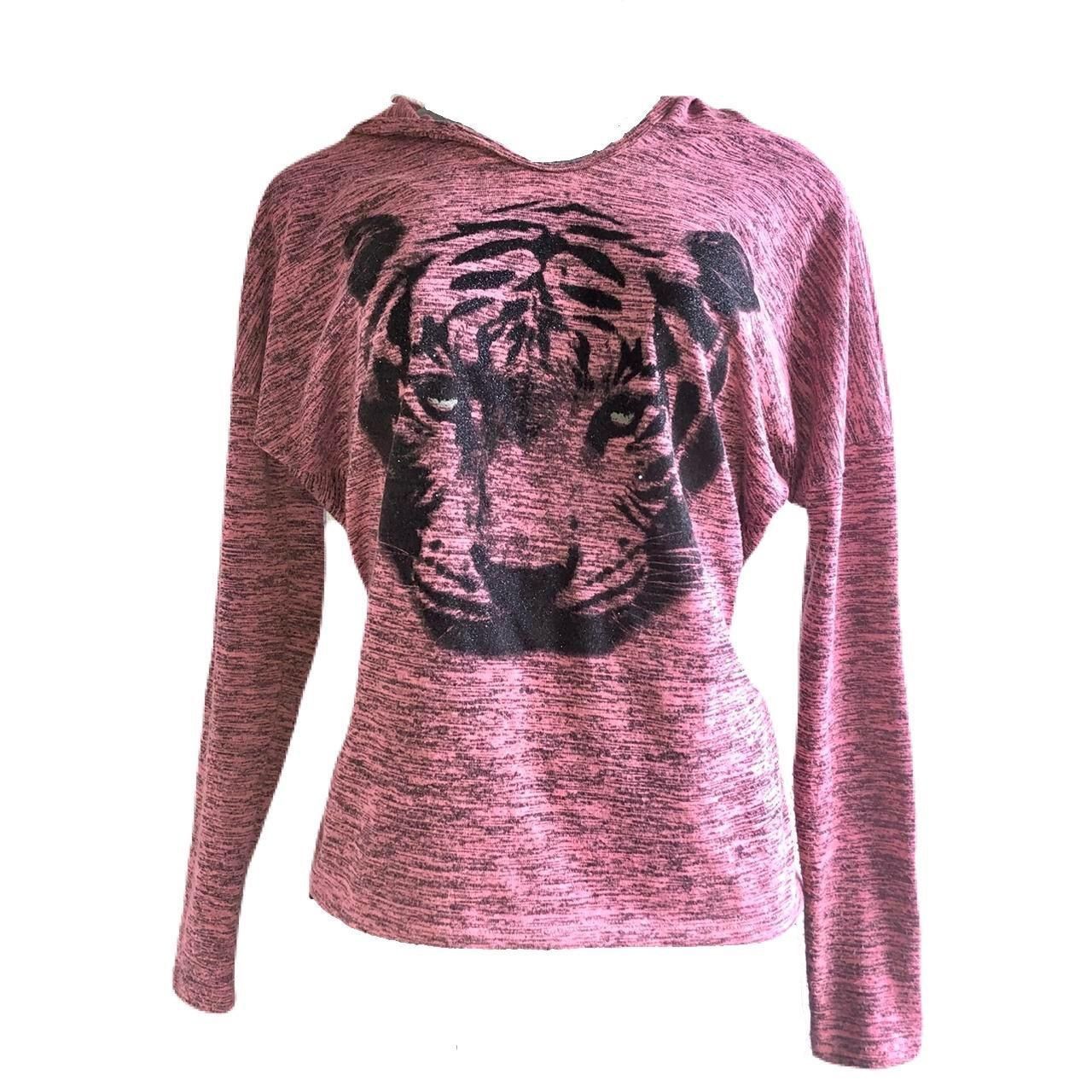 Hooded Pink Sweater with Tiger Graphic Design on Front and Lace Design on Back