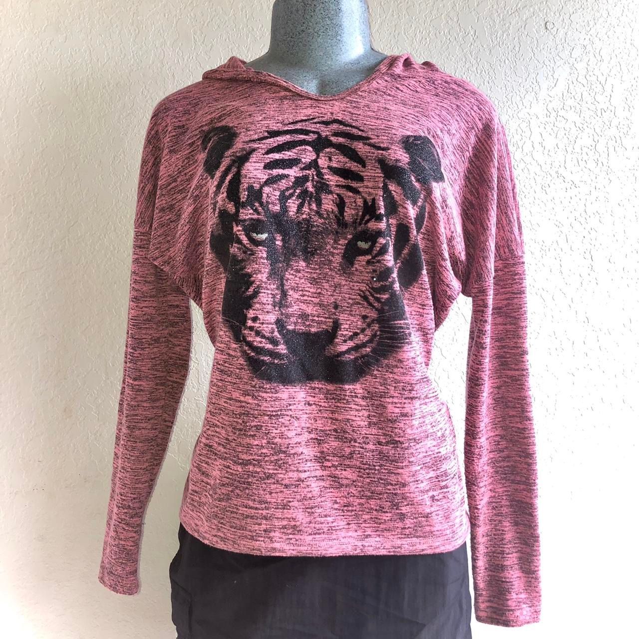 Hooded Pink Sweater with Tiger Graphic Design on Front and Lace Design on Back