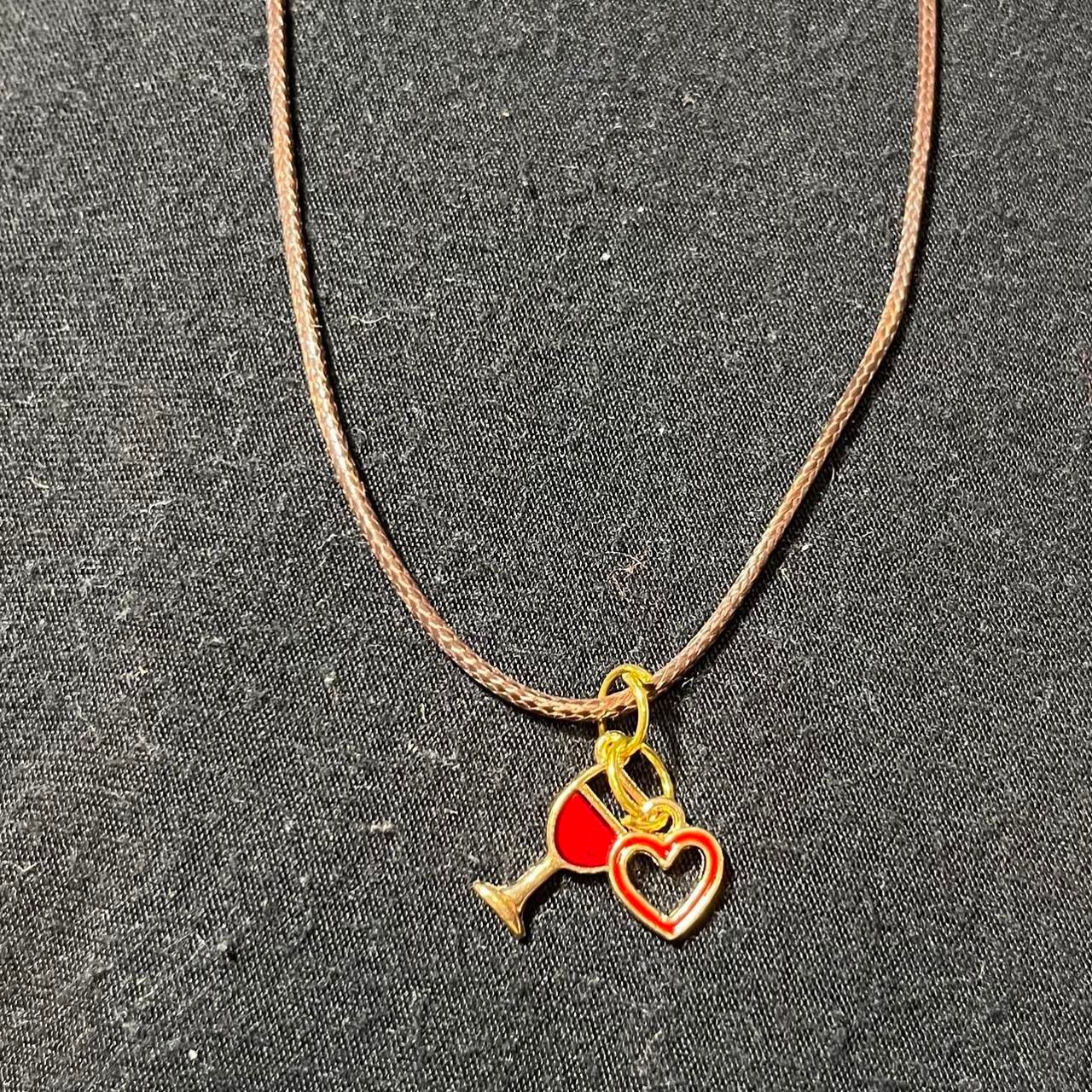 Cute Red Wine Glass and Gold Heart Charm Necklace