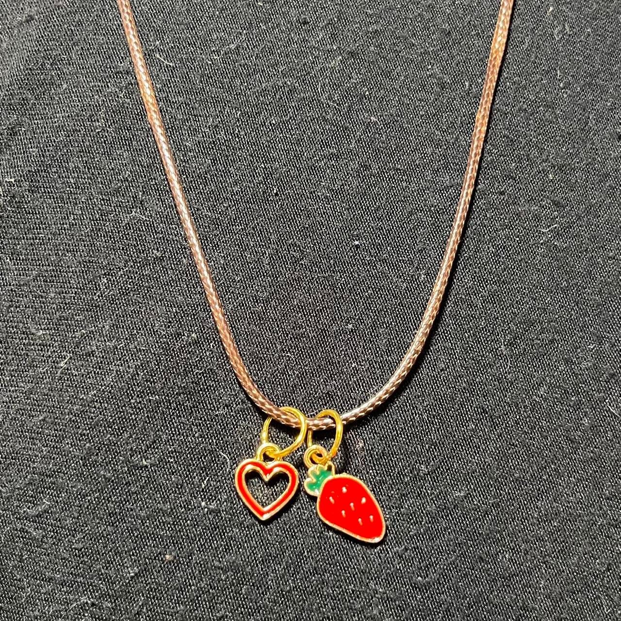 Cute Strawberry Charm with Red and Gold Heart Charm Necklace