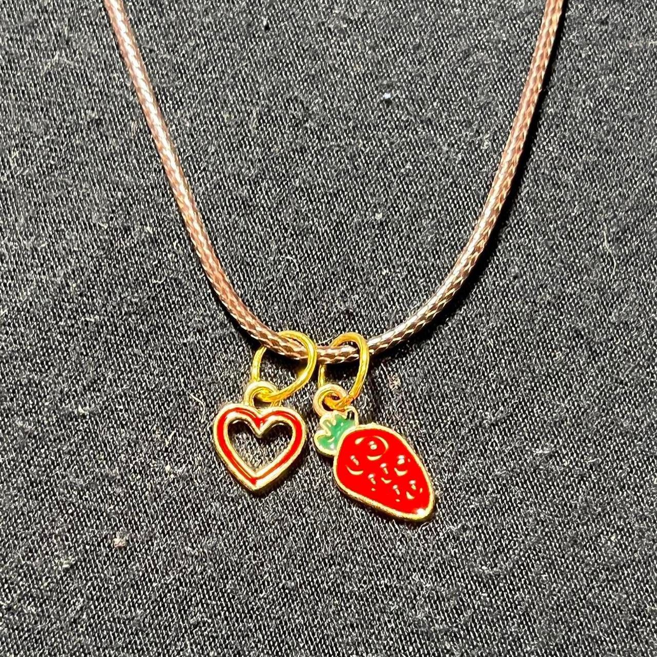 Cute Strawberry Charm with Red and Gold Heart Charm Necklace