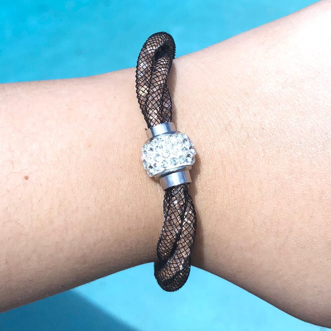 Shiny Brown Braided Studded Bracelet with Magnetic Clasp