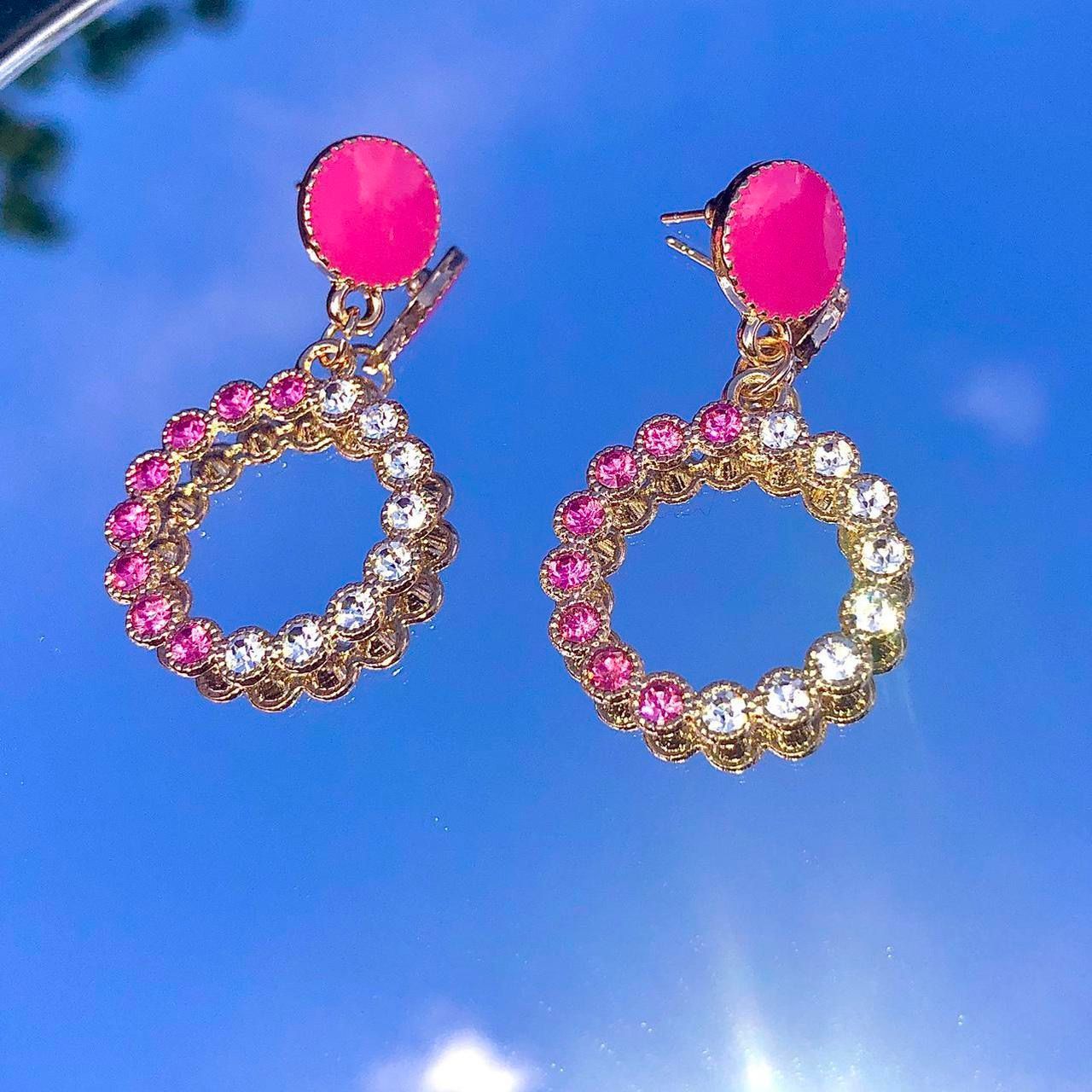 Adorable Pink Hanging Rhinestone Studded Pink and Silver Circle Earrings