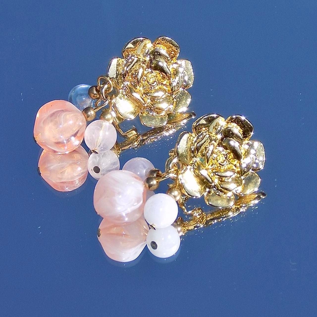 Gold Colored Rose w/ Hanging Beaded Crystals Clip-On earrings