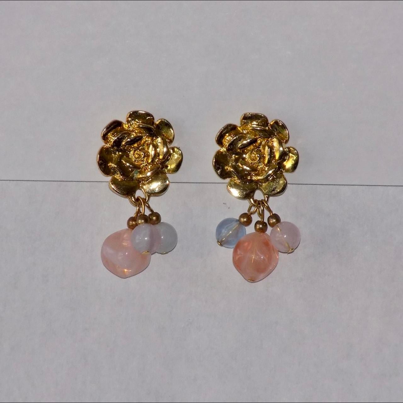 Gold Colored Rose w/ Hanging Beaded Crystals Clip-On earrings
