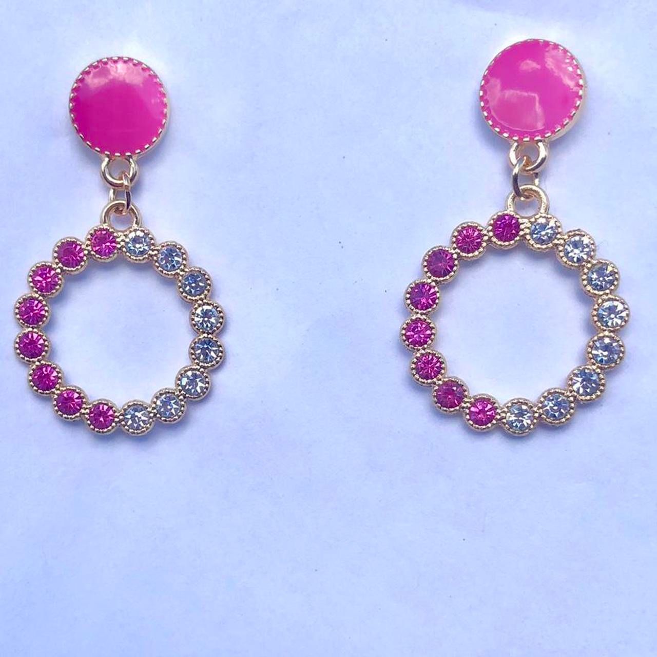 Adorable Pink Hanging Rhinestone Studded Pink and Silver Circle Earrings