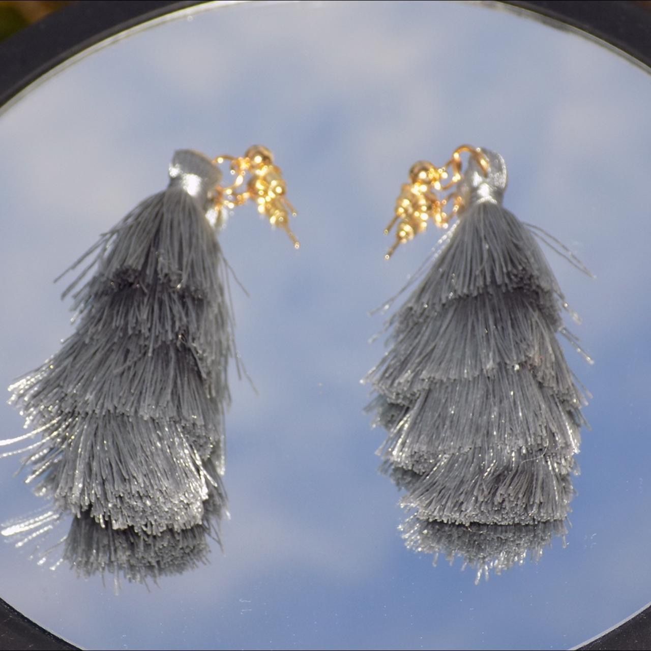 Cute Gray Thread/String/Yarn Hanging Fabric Layered Design Earrings with Gold Colored Tops