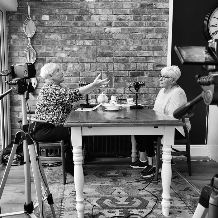 A picture of X factors Mary Byrne and Mrs Browns Eilish O'Carroll recording their podcast with The PODucers.
