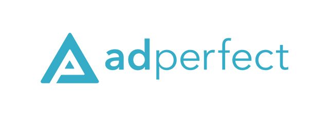 A logo for a company called adperfect with a blue triangle on a white background.