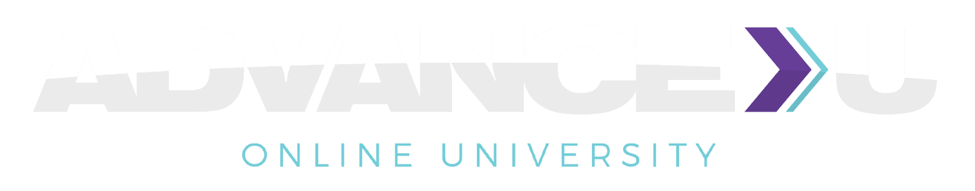 A logo for an online university with a purple arrow.