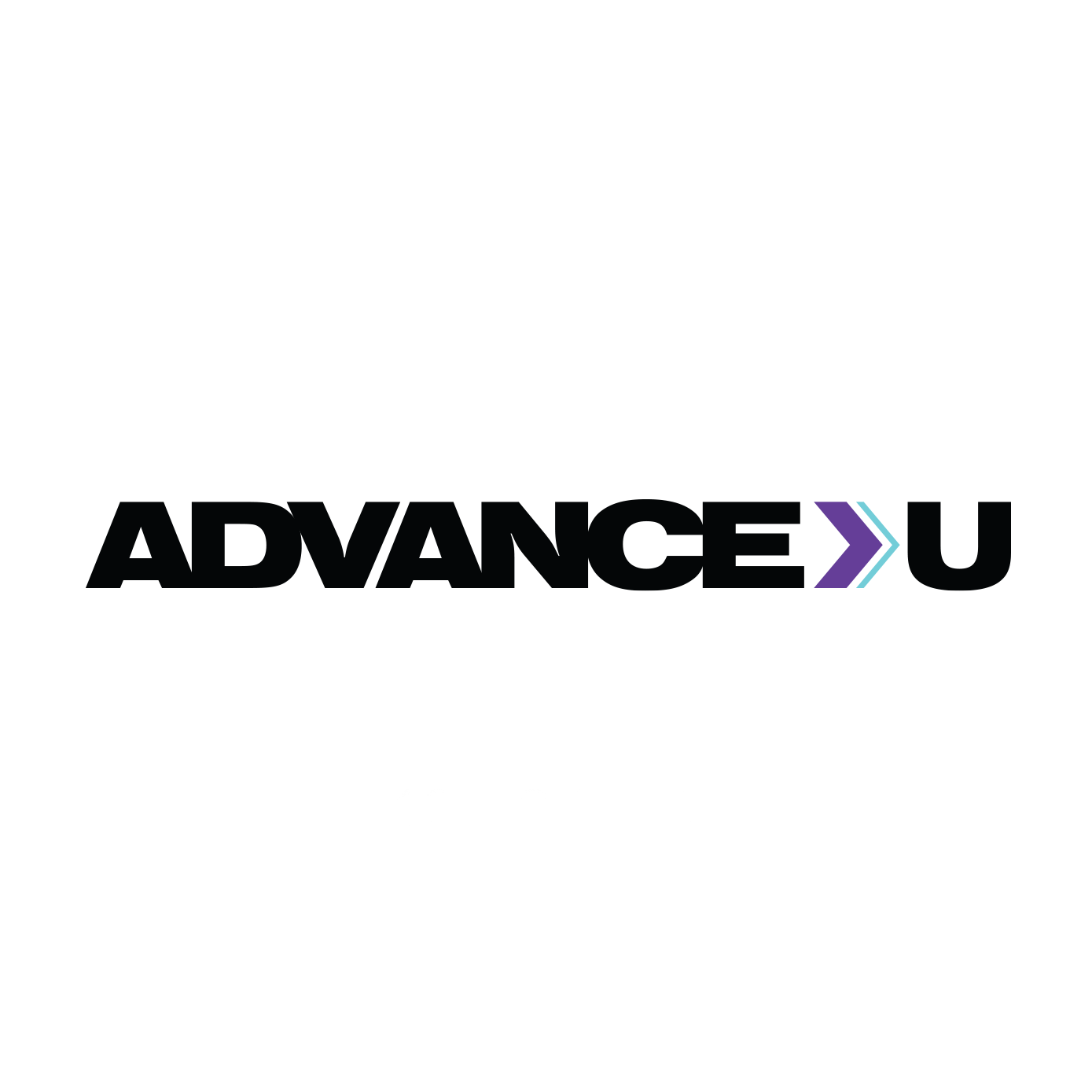 The logo for advance > u is black and purple on a white background.