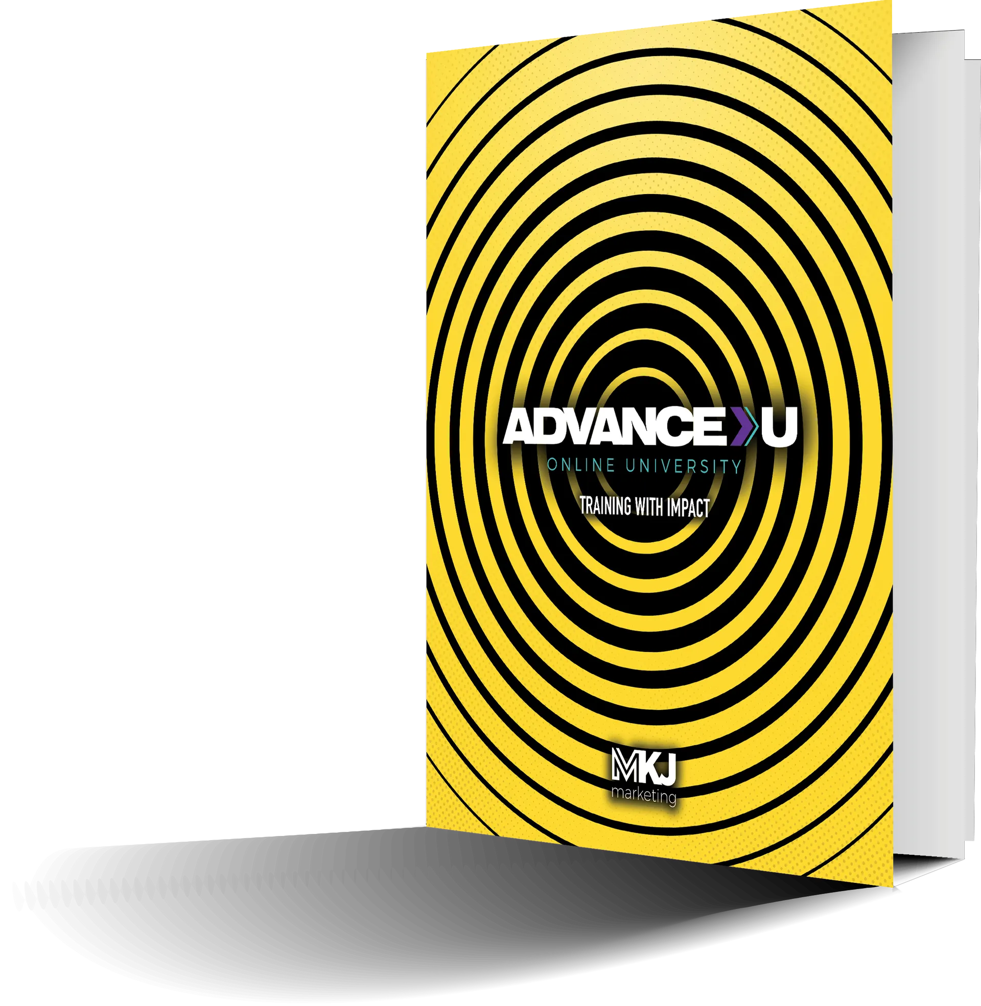 A book called advance u has a yellow and black spiral design on the cover