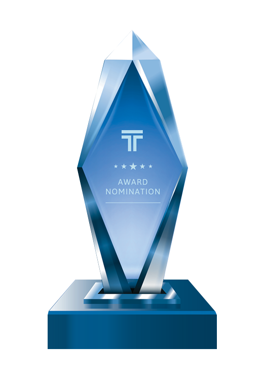 A blue trophy with the word award nomination on it