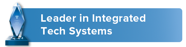 A blue sign that says leader in integrated tech systems