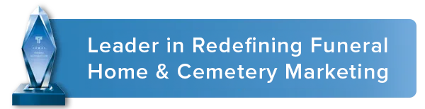 A blue banner that says leader in redefining funeral home & cemetery marketing