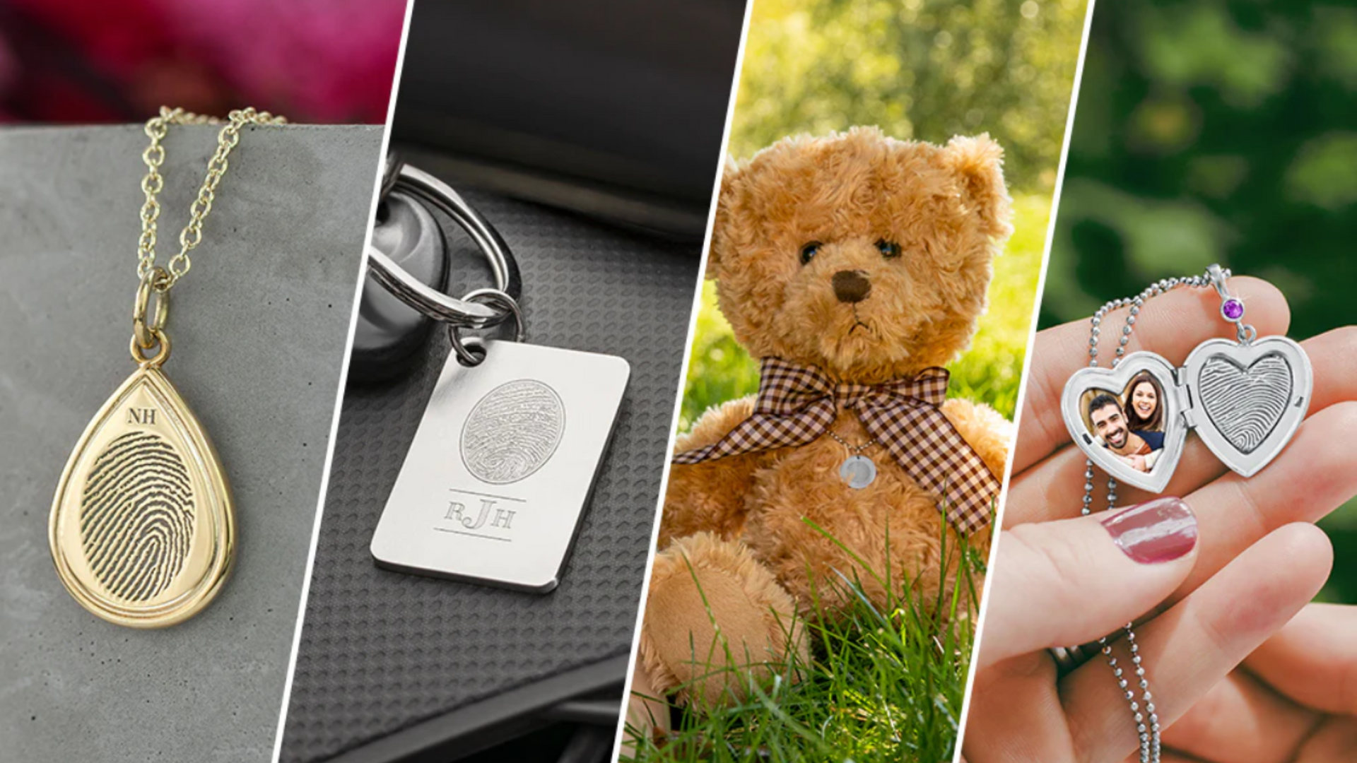 A collage of four pictures of a teddy bear , a keychain , a necklace , and a fingerprint necklace