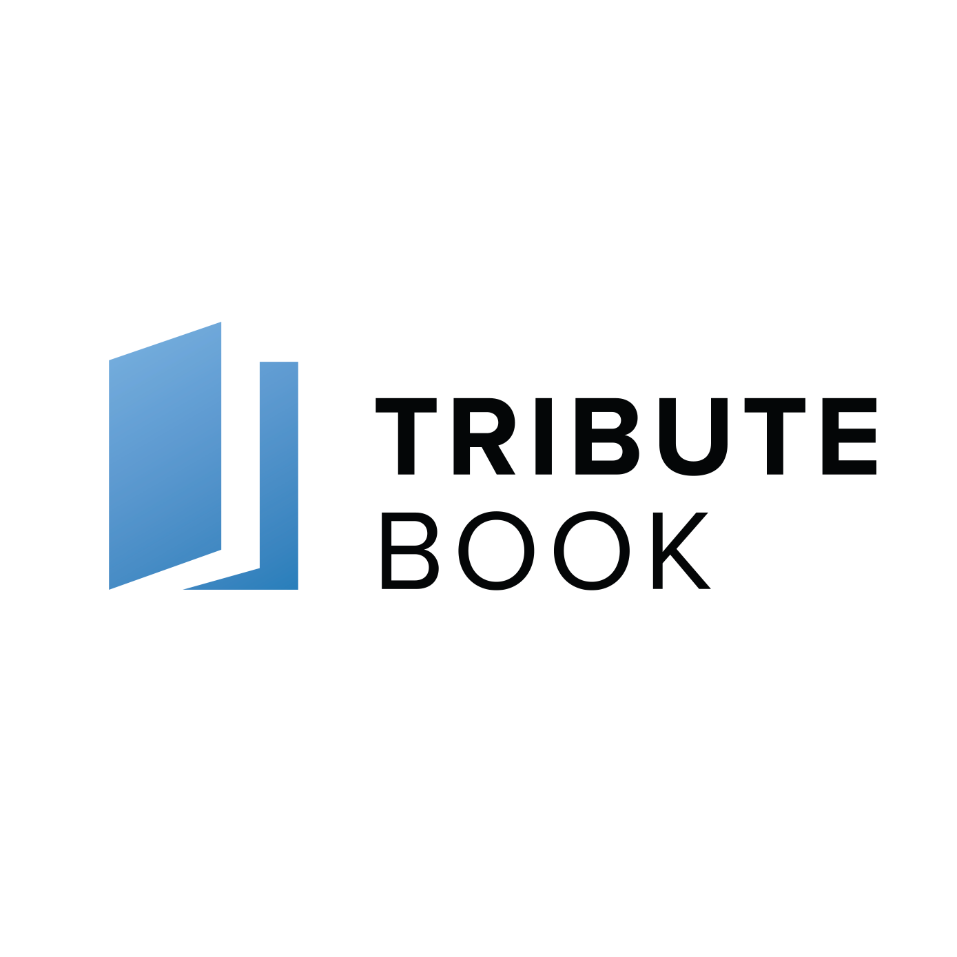 The logo for tribute book is a blue book with a white background.