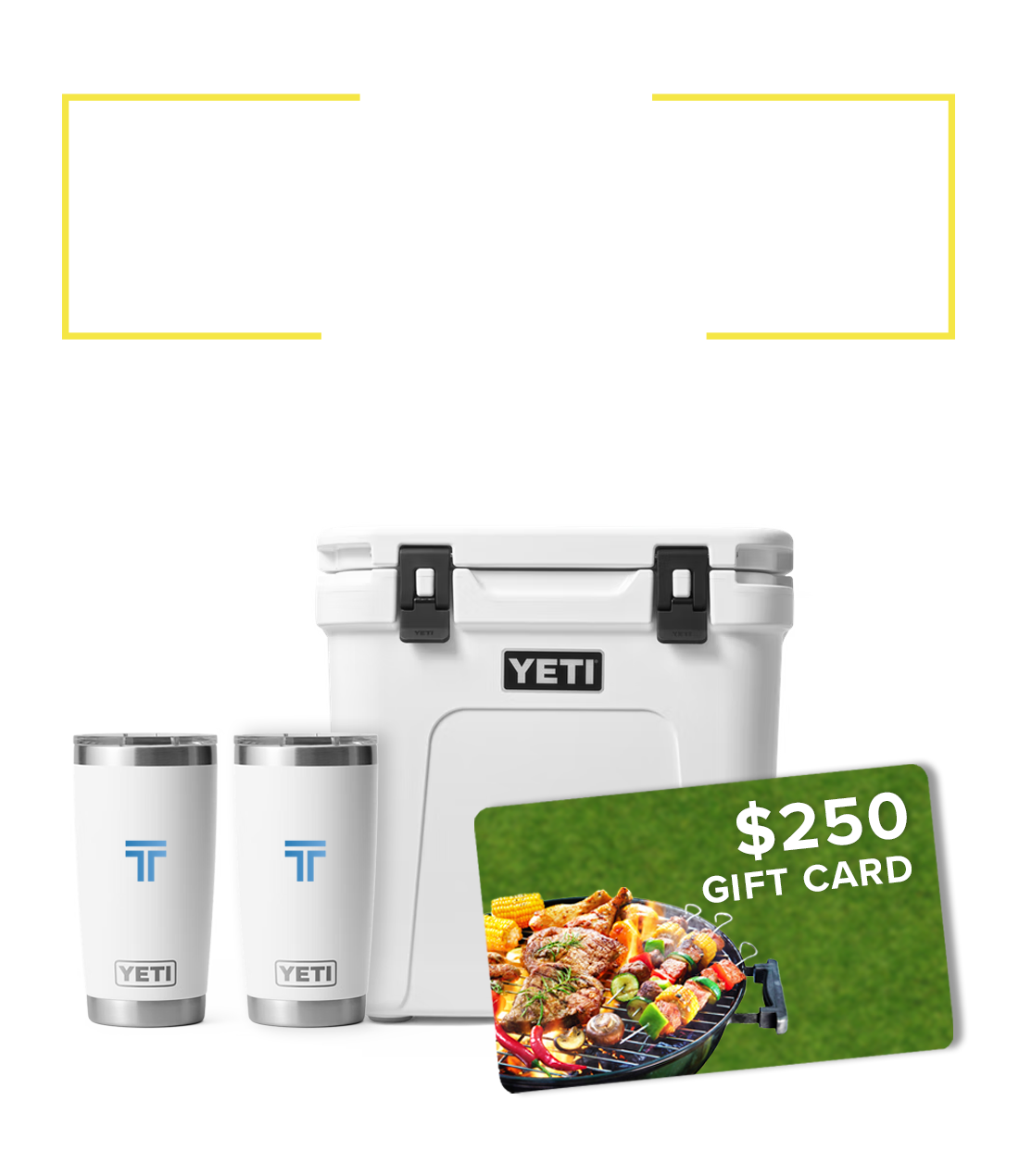 A yeti cooler , two tumblers , and a $ 250 gift card.