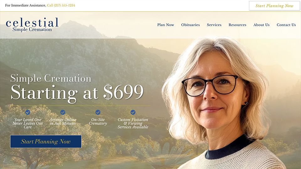 A woman wearing glasses is on the homepage of a website.